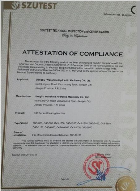 China Jiangsu Wanshida Hydraulic Machinery Co., Ltd certificaciones