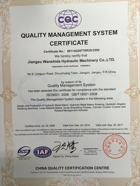 China Jiangsu Wanshida Hydraulic Machinery Co., Ltd certificaciones